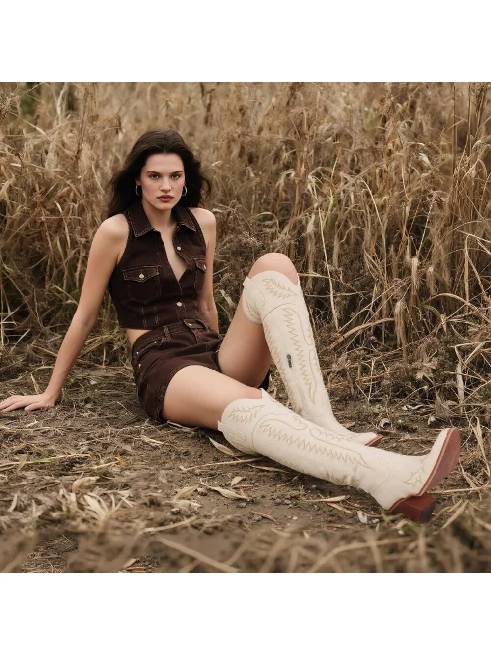 Women's Beige Embroidered Pointed Toe Western Cowgirl Over The Knee High Boots